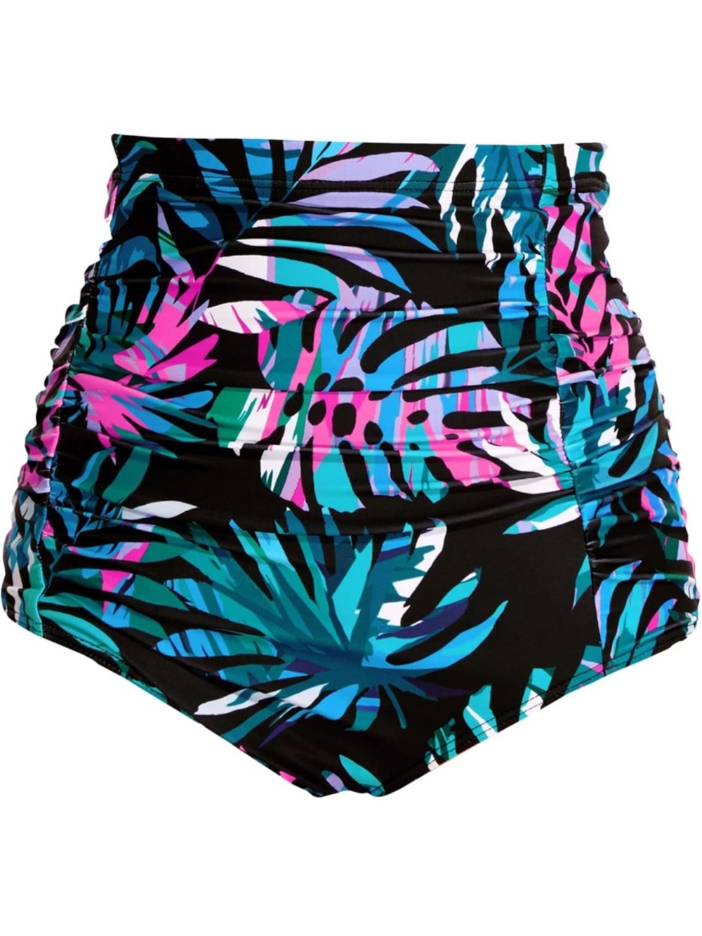 High-Waist Tropical Leaf Print Bikini Bottoms - Black Multicolor